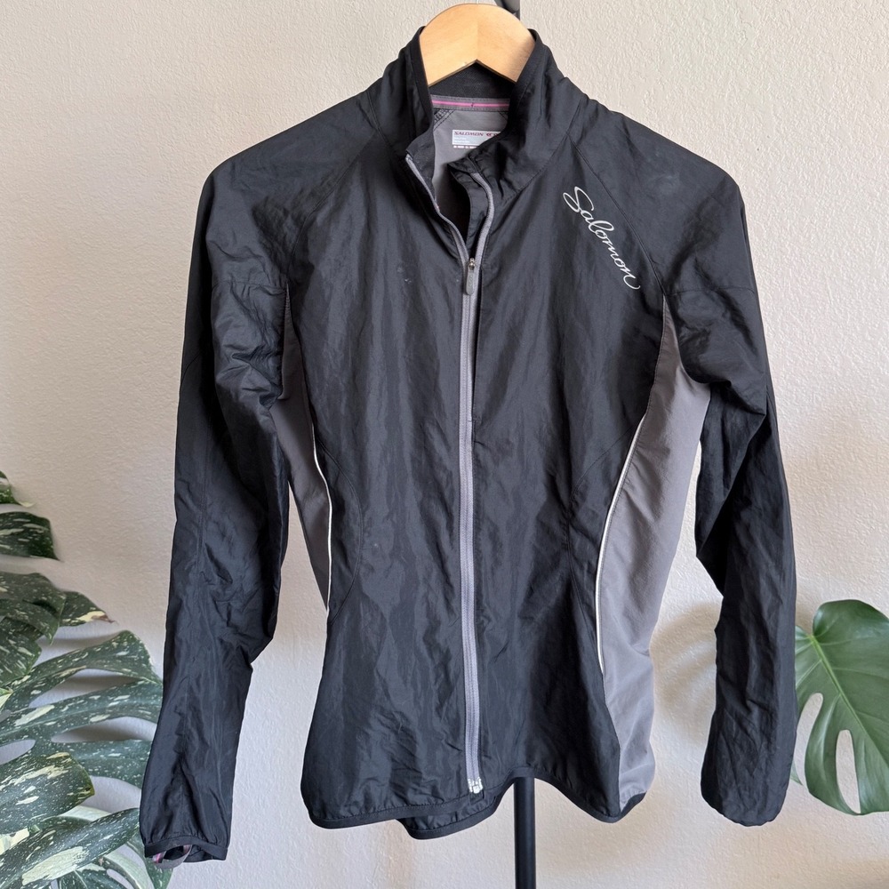 Salomon ClimaWind Women Black Gray Full Zip Athletic Running Jacket Small